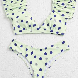 Polka-Dot Puff Sleeves Split Tankini Swimsuit