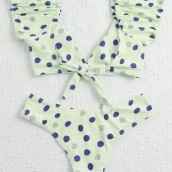 Polka-Dot Puff Sleeves Split Tankini Swimsuit