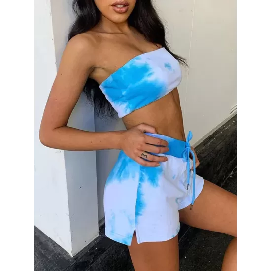 Sporty Tie-Dyed Gradient Bandeau Split Tankini Swimsuit Sporty Tie-Dyed Gradient Bandeau Split Tankini Swimsuit