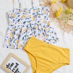 Floral-Print Falbala Split Tankini Swimsuit