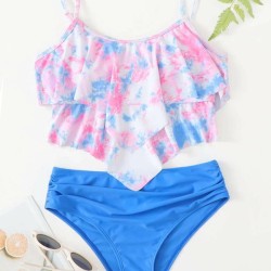 Gradient Printed Falbala Tiered Split Tankini Swimsuit