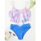 Gradient Printed Falbala Tiered Split Tankini Swimsuit
