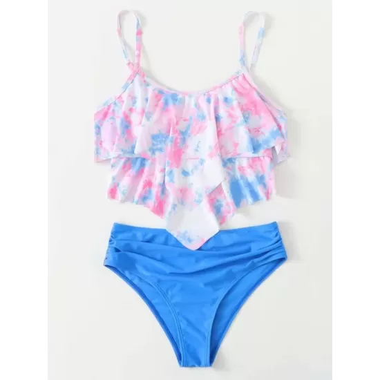 Gradient Printed Falbala Tiered Split Tankini Swimsuit Gradient Printed Falbala Tiered Split Tankini Swimsuit