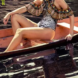 Printed Gorgeous Embellished Falbala Off-The-Shoulder One-Piece Tankini Swimwear