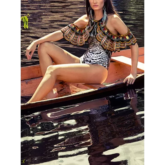 Printed Gorgeous Embellished Falbala Off-The-Shoulder One-Piece Tankini Swimwear Printed Gorgeous Embellished Falbala Off-The-Shoulder One-Piece Tankini Swimwear