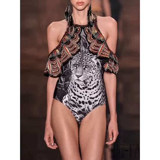 Printed Gorgeous Embellished Falbala Off-The-Shoulder One-Piece Tankini Swimwear Printed Gorgeous Embellished Falbala Off-The-Shoulder One-Piece Tankini Swimwear