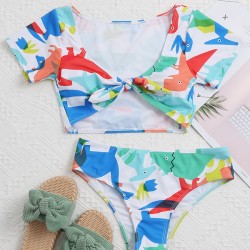 Floral-Print Knotted Short Sleeve Split Tankini Swimsuit