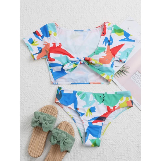 Floral-Print Knotted Short Sleeve Split Tankini Swimsuit Floral-Print Knotted Short Sleeve Split Tankini Swimsuit