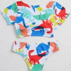 Floral-Print Knotted Short Sleeve Split Tankini Swimsuit
