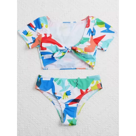 Floral-Print Knotted Short Sleeve Split Tankini Swimsuit Floral-Print Knotted Short Sleeve Split Tankini Swimsuit