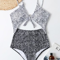Polka-Dot Tankini Hollow Knotted One-Piece Swimwear