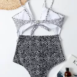 Polka-Dot Tankini Hollow Knotted One-Piece Swimwear