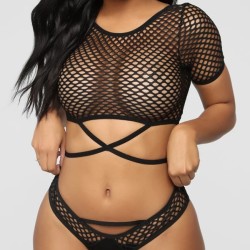 Sexy Net Yarn Hollow Hollow Short Sleeve Split Tankini Swimsuit