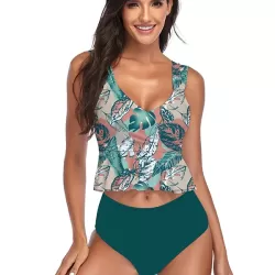 Ruffled Floral Printed High-Waisted Bikini Swimsuit