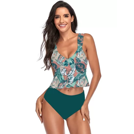 Ruffled Floral Printed High-Waisted Bikini Swimsuit Ruffled Floral Printed High-Waisted Bikini Swimsuit