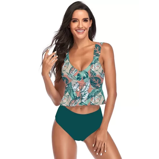 Ruffled Floral Printed High-Waisted Bikini Swimsuit Ruffled Floral Printed High-Waisted Bikini Swimsuit