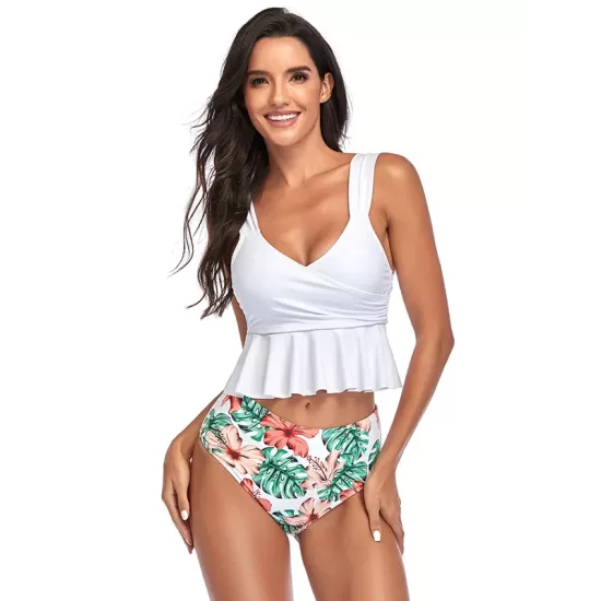 Ruffled Floral Printed High-Waisted Bikini Swimsuit Ruffled Floral Printed High-Waisted Bikini Swimsuit