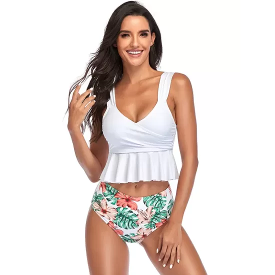 Ruffled Floral Printed High-Waisted Bikini Swimsuit Ruffled Floral Printed High-Waisted Bikini Swimsuit