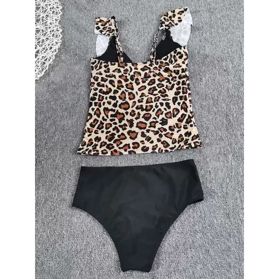 Leopard Falbala Tankini Wetsuit Swimwear Leopard Falbala Tankini Wetsuit Swimwear