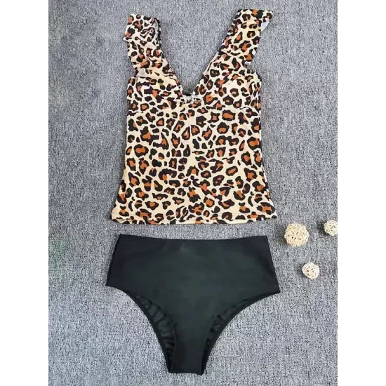 Leopard Falbala Tankini Wetsuit Swimwear Leopard Falbala Tankini Wetsuit Swimwear