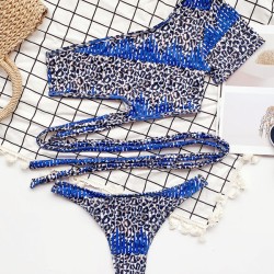 Leopard Print Bandage One-Shoulder Split Tankini Swimsuit