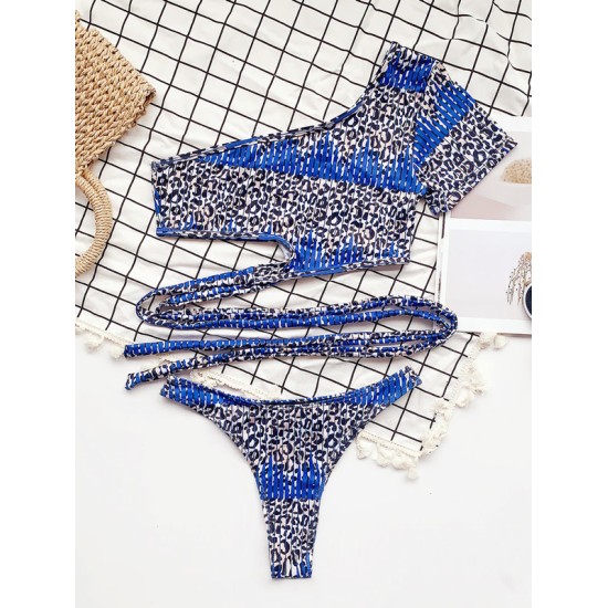 Leopard Print Bandage One-Shoulder Split Tankini Swimsuit Leopard Print Bandage One-Shoulder Split Tankini Swimsuit