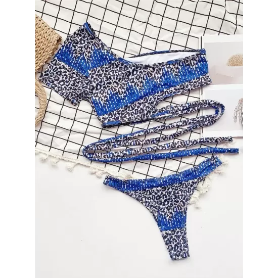 Leopard Print Bandage One-Shoulder Split Tankini Swimsuit Leopard Print Bandage One-Shoulder Split Tankini Swimsuit