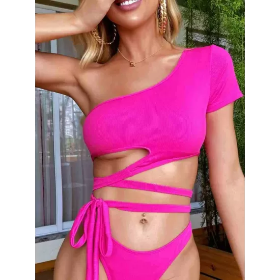 Leopard Print Bandage One-Shoulder Split Tankini Swimsuit Leopard Print Bandage One-Shoulder Split Tankini Swimsuit