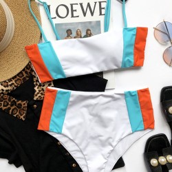 Spaghetti-Neck Contrast Color Bandeau Bikinis Swimwear