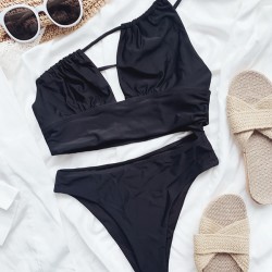 Solid Color One-Shoulder Hollow Sexy Tankinis Swimwear