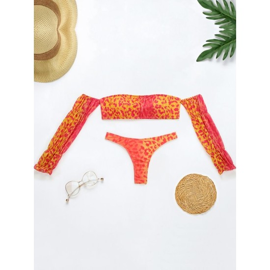 Off-The-Shoulder Long Sleeve Tie-Dyed Tankini Swimwear Off-The-Shoulder Long Sleeve Tie-Dyed Tankini Swimwear