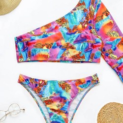 One-Shoulder Color-Block Brazilian Tankini Swimwear