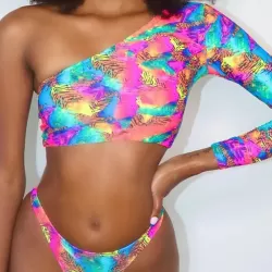 One-Shoulder Color-Block Brazilian Tankini Swimwear