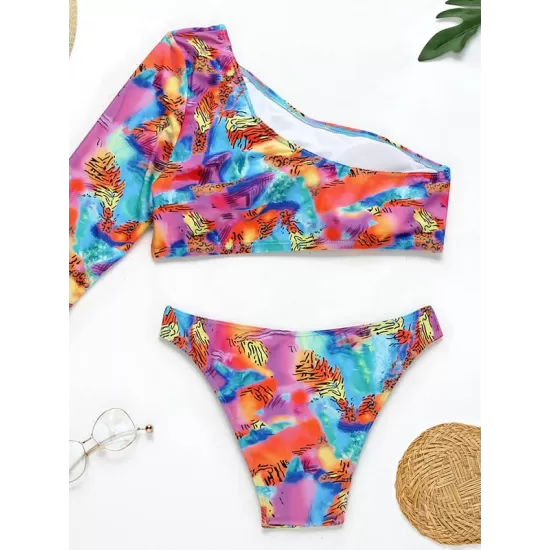 One-Shoulder Color-Block Brazilian Tankini Swimwear One-Shoulder Color-Block Brazilian Tankini Swimwear