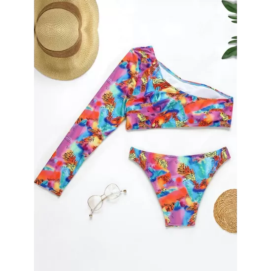One-Shoulder Color-Block Brazilian Tankini Swimwear One-Shoulder Color-Block Brazilian Tankini Swimwear