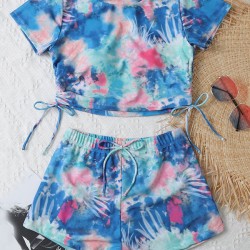 Short Sleeve Tie-Dyed Boardshort  Tankini Swimwear