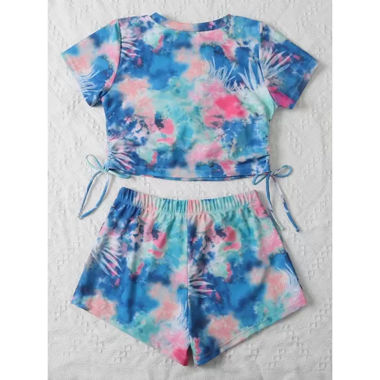 Short Sleeve Tie-Dyed Boardshort Tankini Swimwear Short Sleeve Tie-Dyed Boardshort Tankini Swimwear