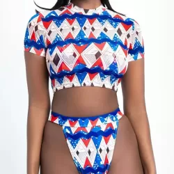 Short Sleeve Floral Tight Brazilian Tankini Swimwear