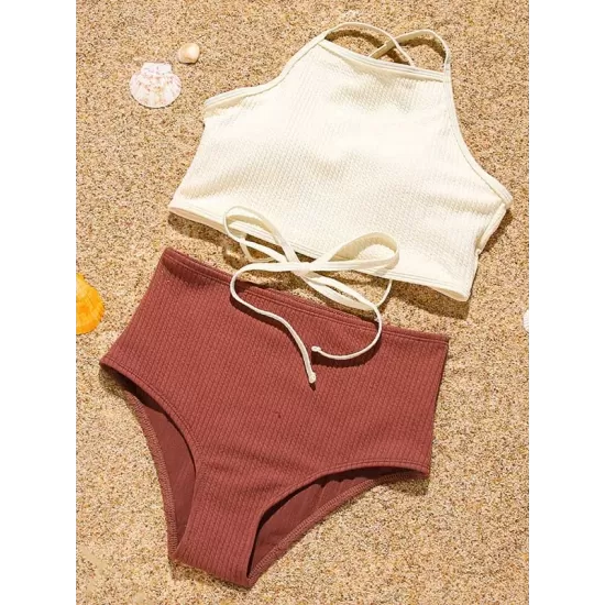 Sleeveless Solid Color Bandage High-Waisted Tankini Swimwear Sleeveless Solid Color Bandage High-Waisted Tankini Swimwear