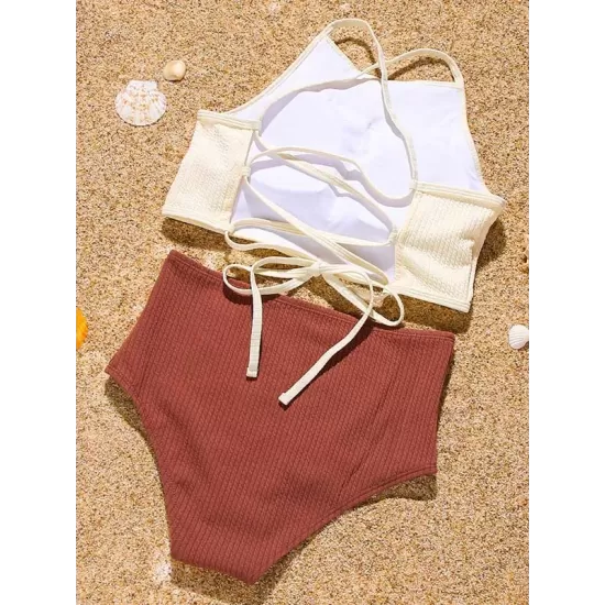 Sleeveless Solid Color Bandage High-Waisted Tankini Swimwear Sleeveless Solid Color Bandage High-Waisted Tankini Swimwear