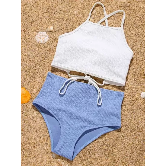 Sleeveless Solid Color Bandage High-Waisted Tankini Swimwear Sleeveless Solid Color Bandage High-Waisted Tankini Swimwear