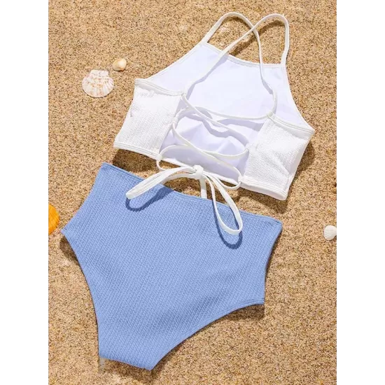 Sleeveless Solid Color Bandage High-Waisted Tankini Swimwear Sleeveless Solid Color Bandage High-Waisted Tankini Swimwear