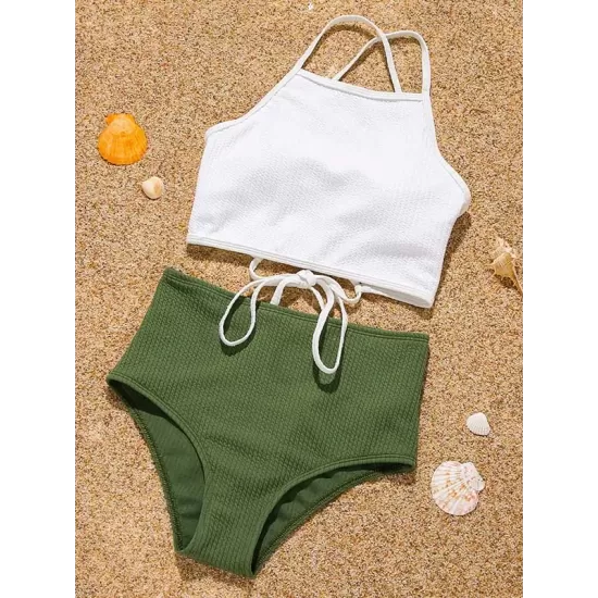 Sleeveless Solid Color Bandage High-Waisted Tankini Swimwear Sleeveless Solid Color Bandage High-Waisted Tankini Swimwear