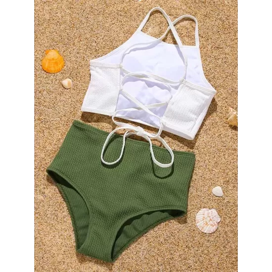 Sleeveless Solid Color Bandage High-Waisted Tankini Swimwear Sleeveless Solid Color Bandage High-Waisted Tankini Swimwear