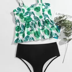 Spaghetti-Neck Monstera Ceriman High-Waisted Split Tankini Swimsuit