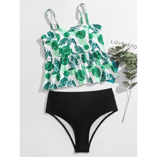 Spaghetti-Neck Monstera Ceriman High-Waisted Split Tankini Swimsuit Spaghetti-Neck Monstera Ceriman High-Waisted Split Tankini Swimsuit