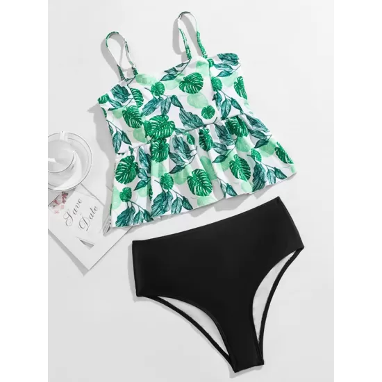 Spaghetti-Neck Monstera Ceriman High-Waisted Split Tankini Swimsuit Spaghetti-Neck Monstera Ceriman High-Waisted Split Tankini Swimsuit