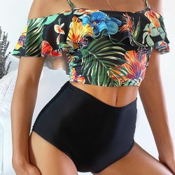 Off-The-Shoulder Floral Falbala Tank High-Waisted Bikini Swimwear