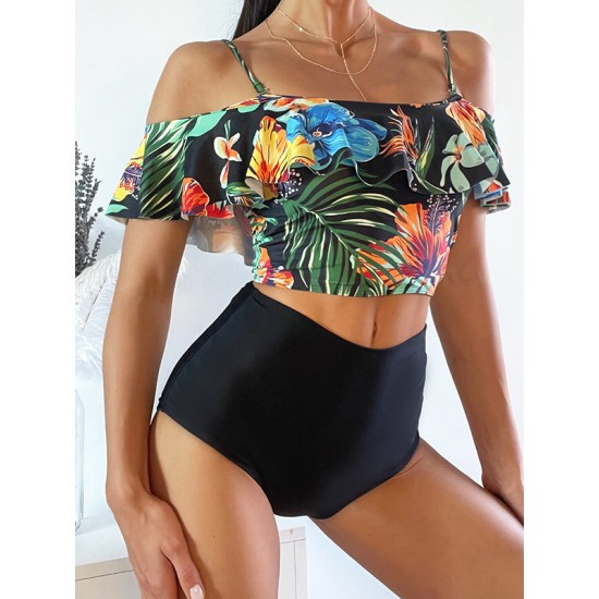 Off-The-Shoulder Floral Falbala Tank High-Waisted Bikini Swimwear Off-The-Shoulder Floral Falbala Tank High-Waisted Bikini Swimwear