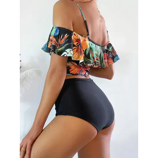 Off-The-Shoulder Floral Falbala Tank High-Waisted Bikini Swimwear Off-The-Shoulder Floral Falbala Tank High-Waisted Bikini Swimwear